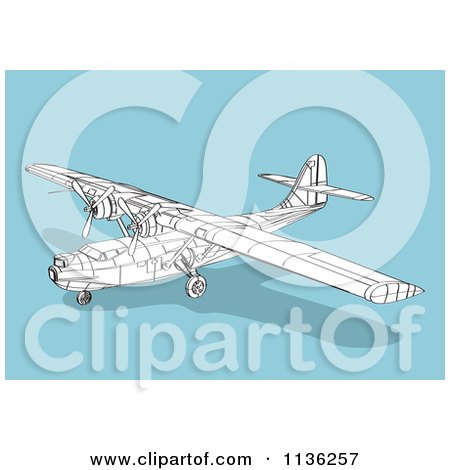 Clipart Of A Wireframe Catalina Airplane On Blue - Royalty Free Vector Illustration by patrimonio