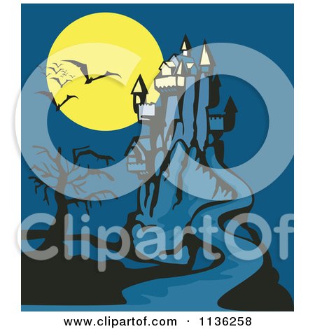 Clipart Of A Spooky Castle With A Dead Tree Bats And Full Moon - Royalty Free Vector Illustration by patrimonio