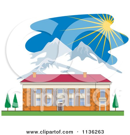 Clipart Of A Brick School Building And Mountains With Sunshine - Royalty Free Vector Illustration by patrimonio