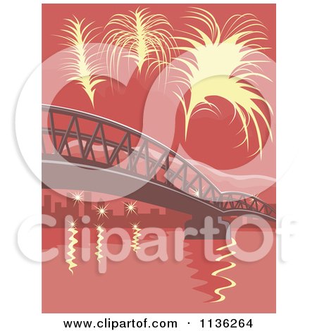 Clipart Of Yellow Fireworks Over A Bridge With Red Tones - Royalty Free Vector Illustration by patrimonio