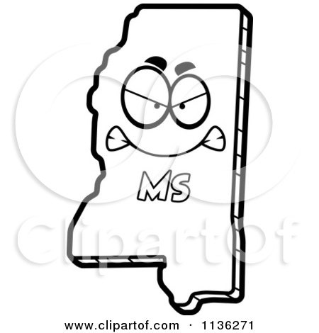 Cartoon Clipart Of An Outlined Mad Mississippi State Character - Black And White Vector Coloring Page by Cory Thoman