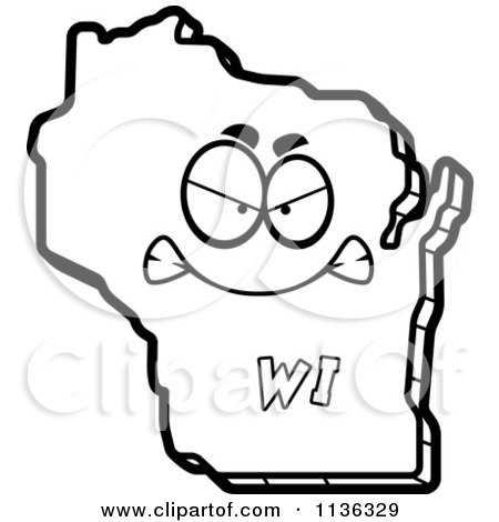Cartoon Clipart Of An Outlined Mad Wisconsin State Character - Black And White Vector Coloring Page by Cory Thoman