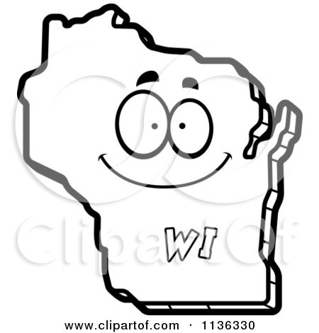 Cartoon Clipart Of An Outlined Happy Wisconsin State Character - Black And White Vector Coloring Page by Cory Thoman