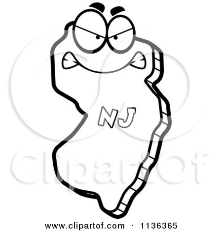 Cartoon Clipart Of An Outlined Mad New Jersey State Character - Black And White Vector Coloring Page by Cory Thoman