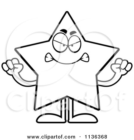 Cartoon Clipart Of An Outlined Mad Star Character - Black And White