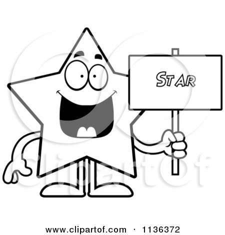 Cartoon Clipart Of An Outlined Star Character Holding A Sign - Black And White Vector Coloring Page by Cory Thoman