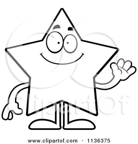 Cartoon Clipart Of An Outlined Waving Star Character - Black And White Vector Coloring Page by Cory Thoman