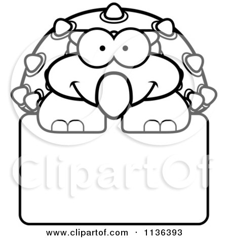Cartoon Clipart Of An Outlined Happy Ankylosaurus Dinosaur Over A Sign - Black And White Vector Coloring Page by Cory Thoman