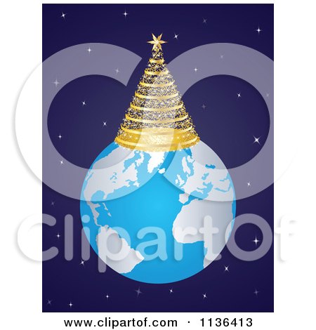 Cartoon Of A Gold Christmas Tree On Top Of Earth Over Stars - Royalty Free Vector Clipart by Andrei Marincas