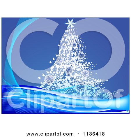 Cartoon Of A Christmas Tree Over Blue With Rays - Royalty Free Vector Clipart by Andrei Marincas