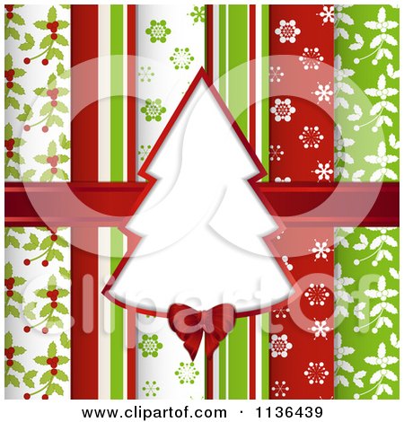 Clipart Of A Christmas Tree Frame Over Scrapbook Papers And A Ribbon - Royalty Free Vector Illustration by elaineitalia
