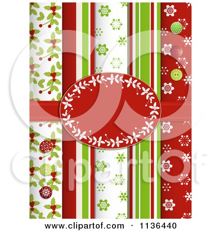 Clipart Of A Christmas Holly Frame Over Scrapbook Papers And A Ribbon - Royalty Free Vector Illustration by elaineitalia