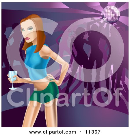 Beautiful Young Woman Holding an Alcoholic Beverage in a Night Club, People Dancing Under a Disco Ball in the Background Clipart Illustration by AtStockIllustration