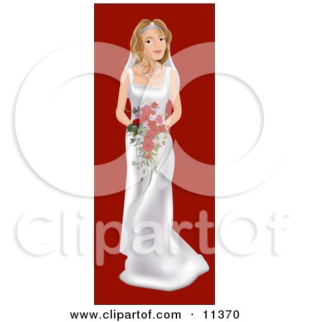 Young Blond Bride on Her Wedding Day, Wearing a White Dress and Holding a Bouquet of Red Flowers Clipart Illustration by AtStockIllustration