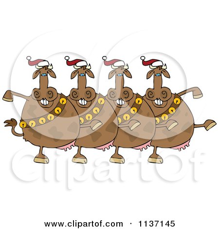 Cartoon Of A Chorus Of Christmas Cows With Bells Dancing The Can Can - Royalty Free Vector Clipart by djart