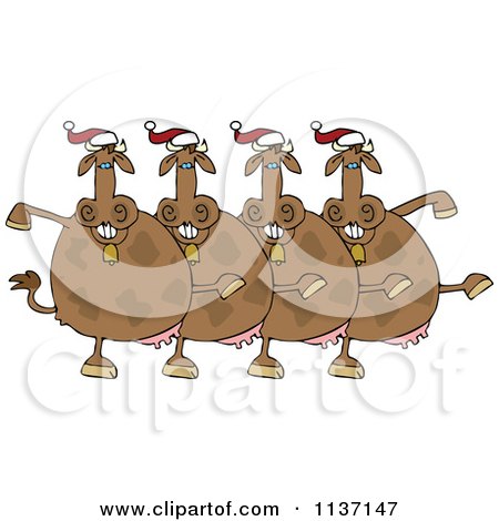 Cartoon Of A Chorus Of Christmas Cows Dancing The Can Can - Royalty Free Vector Clipart by djart