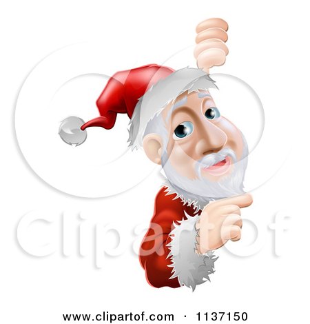Cartoon Of Santa Pointing To A Christmas Sign - Royalty Free Vector Clipart by AtStockIllustration