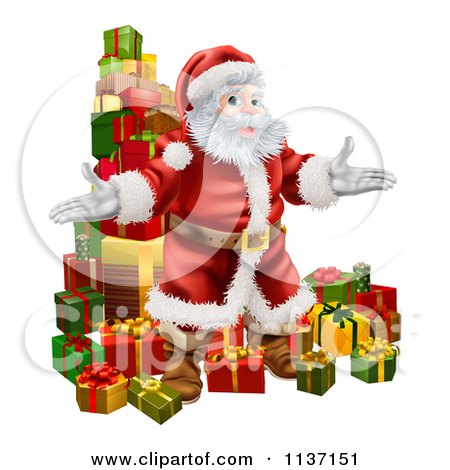 Cartoon Of Santa Standing In Front Of A Stack Of Presents - Royalty Free Vector Clipart by AtStockIllustration