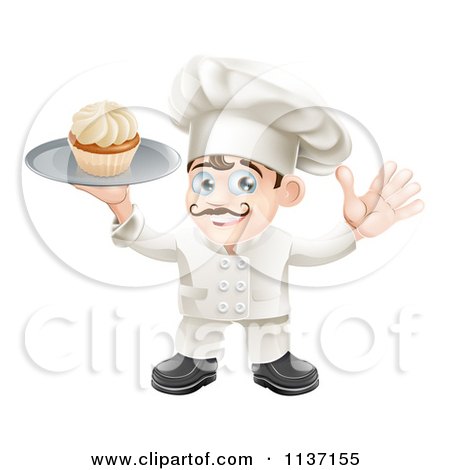 Cartoon Of A Happy Baker Holding A Cupcake On A Platter - Royalty Free Vector Clipart by AtStockIllustration