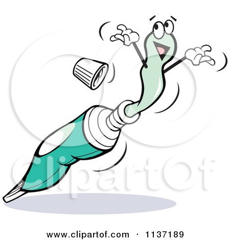 Cartoon Of A Happy Tooth Paste Character Shooting Out Of A Tube - Royalty Free Vector Clipart by Johnny Sajem