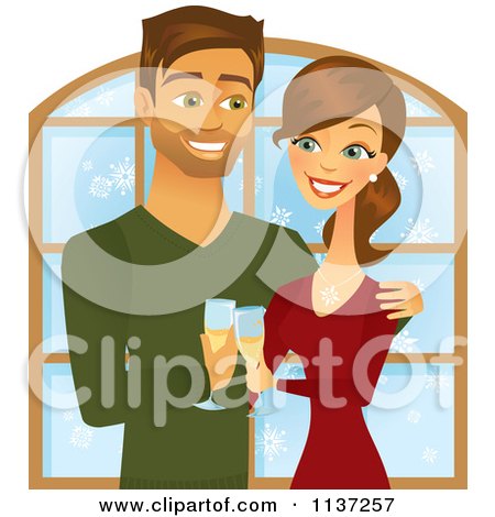 Cartoon Of A Happy Christmas Couple Toasting With Champagne - Royalty Free Vector Clipart by Amanda Kate