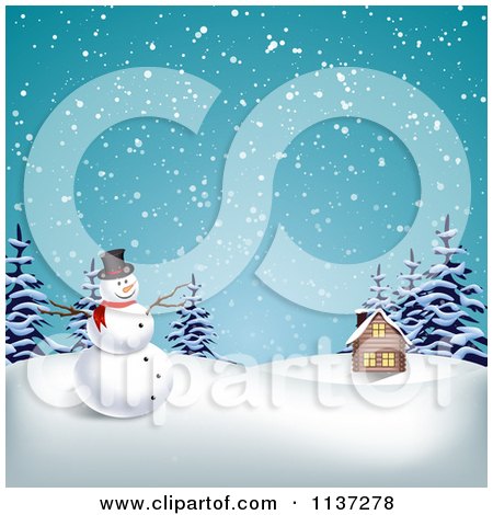 Clipart Of A Christmas Snowman By A Cabin In The Snow - Royalty Free Vector Illustration by vectorace
