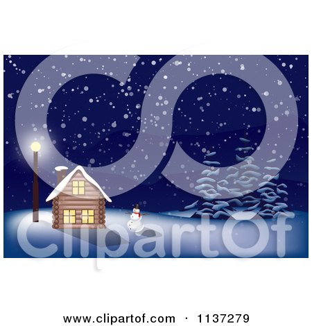 Clipart Of A Christmas Snowman In The Light By A Cabin At Night - Royalty Free Vector Illustration by vectorace