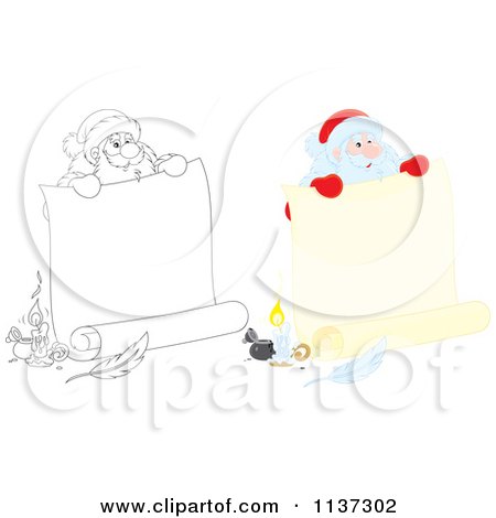 Cartoon Of An Outlined And Colored Santa Behind A Large Scroll Letter With Ink - Royalty Free Vector Clipart by Alex Bannykh