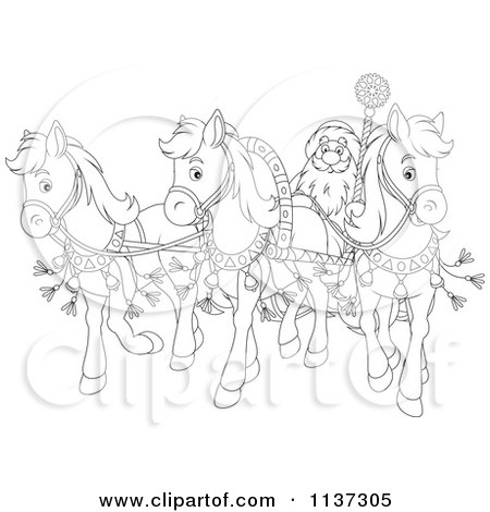 Cartoon Of An Outlined Santa With Horses Pulling His Sleigh - Royalty Free Vector Clipart by Alex Bannykh