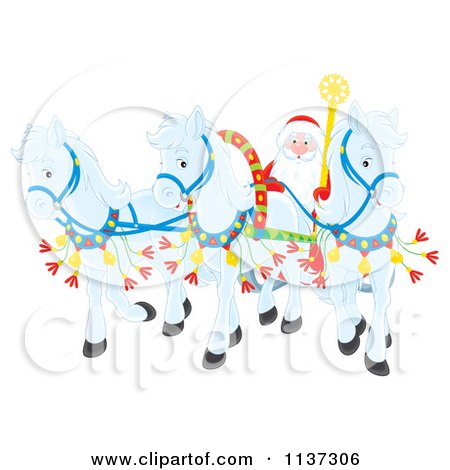 Cartoon Of Santa With White Ponies Pulling His Sleigh - Royalty Free Clipart by Alex Bannykh