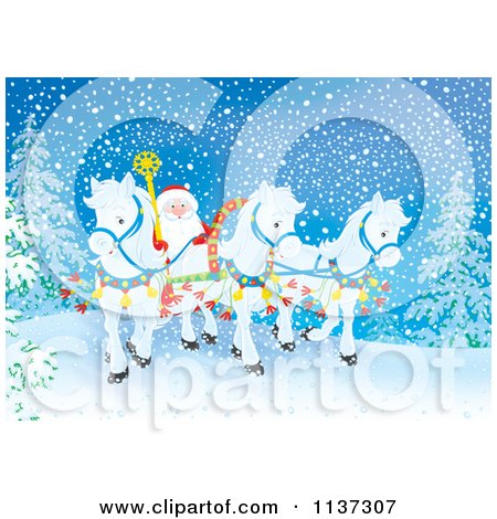 Cartoon Of Santa With White Ponies Pulling His Sleigh In The Snow - Royalty Free Clipart by Alex Bannykh