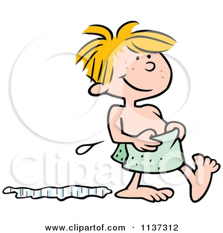 Cartoon Of A Happy Boy Leaving A Water Trail After A Bath - Royalty Free Vector Clipart by Johnny Sajem