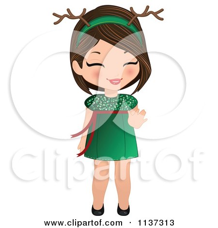 Cartoon Of A Giggling Christmas Girl In A Green Dress And Antlers - Royalty Free Vector Clipart by Melisende Vector