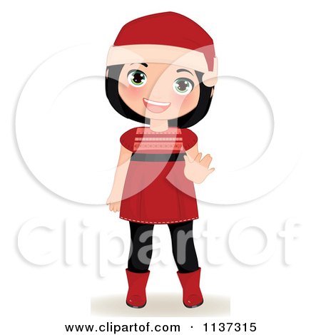 Cartoon Of A Waving Christmas Girl In A Red Dress Boots And Santa Hat - Royalty Free Vector Clipart by Melisende Vector