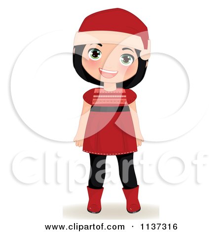 Cartoon Of A Smiling Christmas Girl In A Red Dress Boots And Santa Hat - Royalty Free Vector Clipart by Melisende Vector