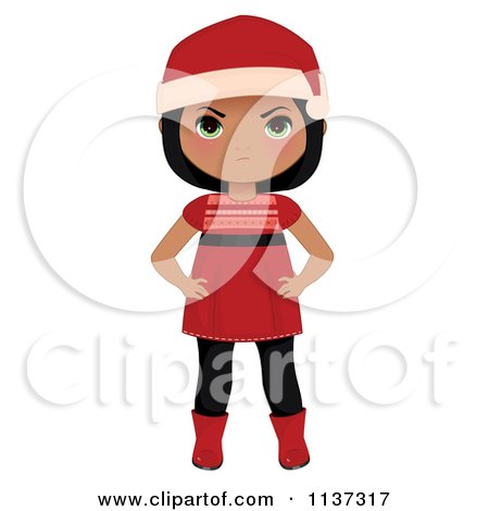 Cartoon Of A Mad Black Christmas Girl In A Red Dress Boots And Santa Hat - Royalty Free Vector Clipart by Melisende Vector