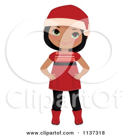 Cartoon Of A Happy Black Christmas Girl In A Red Dress Boots And Santa Hat - Royalty Free Vector Clipart by Melisende Vector