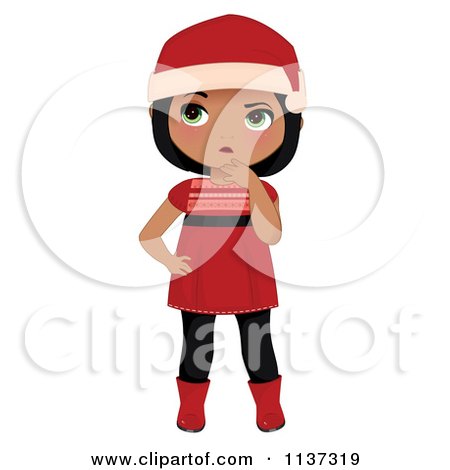 Cartoon Of A Thinking Black Christmas Girl In A Red Dress Boots And Santa Hat - Royalty Free Vector Clipart by Melisende Vector