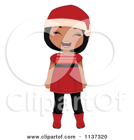 Cartoon Of A Laughing Black Christmas Girl In A Red Dress Boots And Santa Hat - Royalty Free Vector Clipart by Melisende Vector