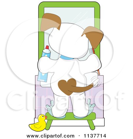 Cartoon Of A Cute Puppy Standing On A Stool And Brushing His Teeth - Royalty Free Vector Clipart by Maria Bell