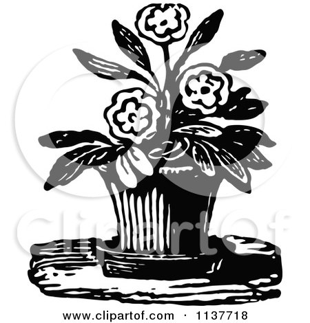 Clipart Of A Retro Vintage Black And White Potted Flowering Plant - Royalty Free Vector Illustration by Prawny Vintage
