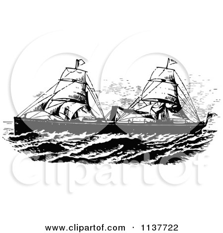 Clipart Of A Retro Vintage Black And White Ship With Sails 1 - Royalty Free Vector Illustration by Prawny Vintage