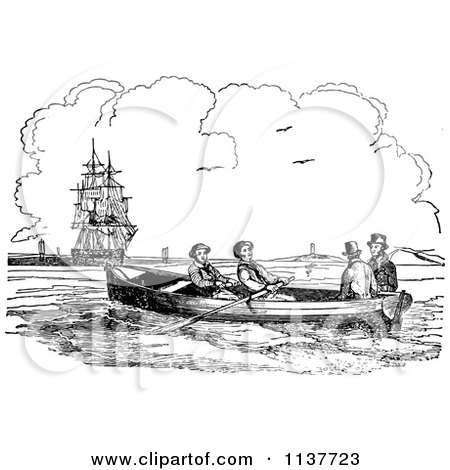 Clipart Of Retro Vintage Black And White Men In A Boat Near A Ship - Royalty Free Vector Illustration by Prawny Vintage