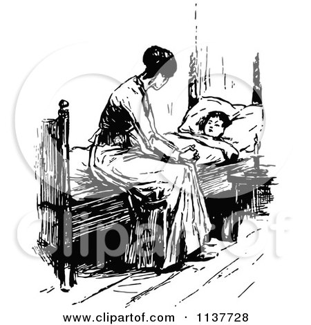 Clipart Of A Retro Vintage Black And White Mother And Son At Bed Time - Royalty Free Vector Illustration by Prawny Vintage