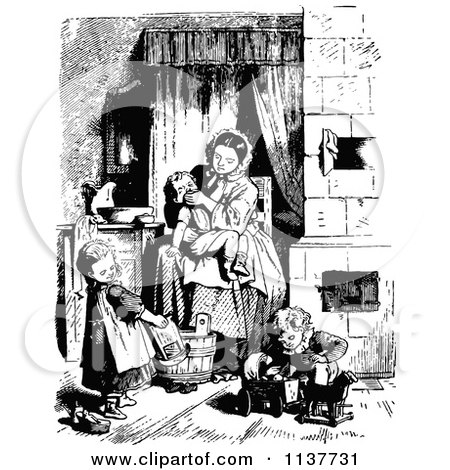 Clipart Of A Retro Vintage Black And White Mother Washing Her Child - Royalty Free Vector Illustration by Prawny Vintage