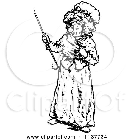 Clipart Of A Retro Vintage Black And White Old Woman With A Cane - Royalty Free Vector Illustration by Prawny Vintage