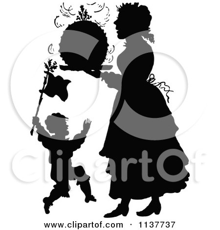 Clipart Of A Retro Vintage Silhouetted Son And Mother With Christmas Pudding - Royalty Free Vector Illustration by Prawny Vintage