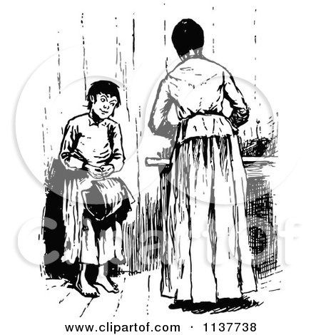 Clipart Of A Retro Vintage Black And White Mother And Son By A Counter - Royalty Free Vector Illustration by Prawny Vintage