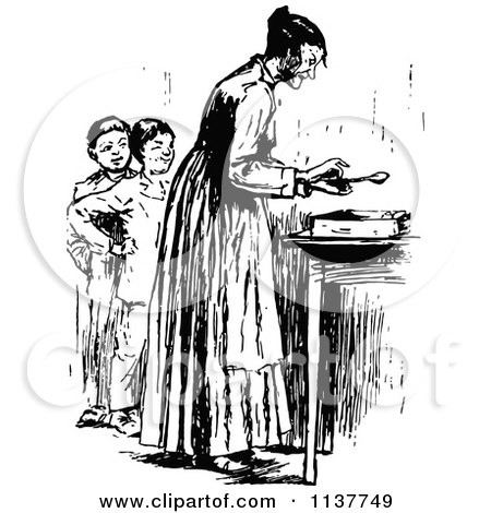 Clipart Of Retro Vintage Black And White Children And Mother By A Table - Royalty Free Vector Illustration by Prawny Vintage