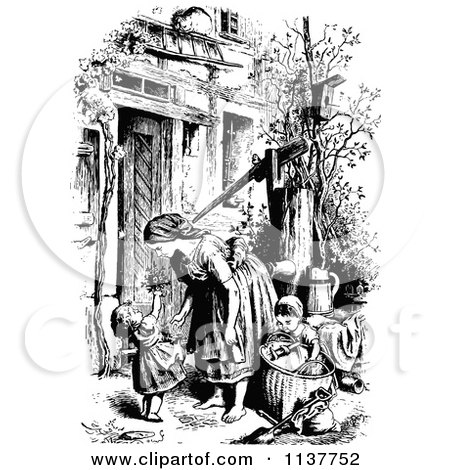 Clipart Of A Retro Vintage Black And White Mother And Children By A Water Pump - Royalty Free Vector Illustration by Prawny Vintage